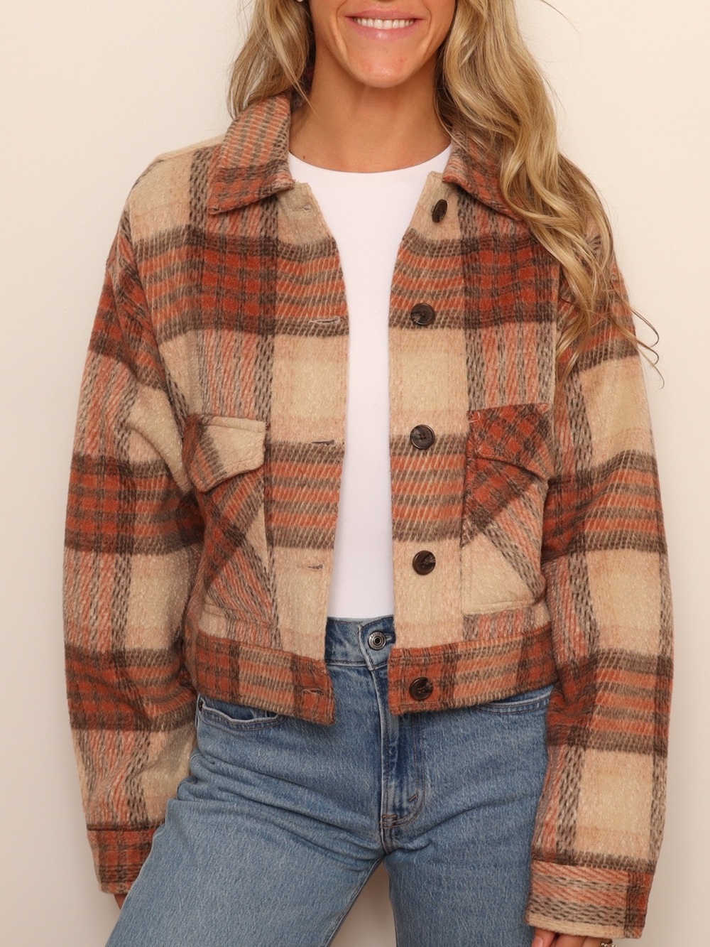 Roxy Wool Blend Red Cream Plaid Cropped Utility Jacket - Picture 2 of 13